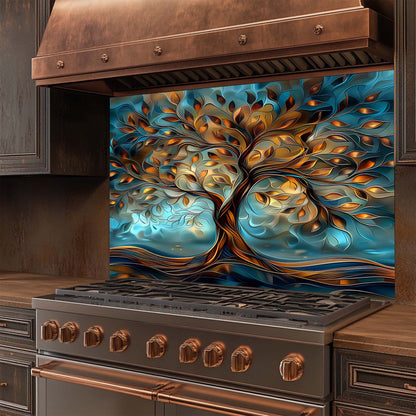 Stainless steel stove with a decorative glass backsplash featuring a tree design.