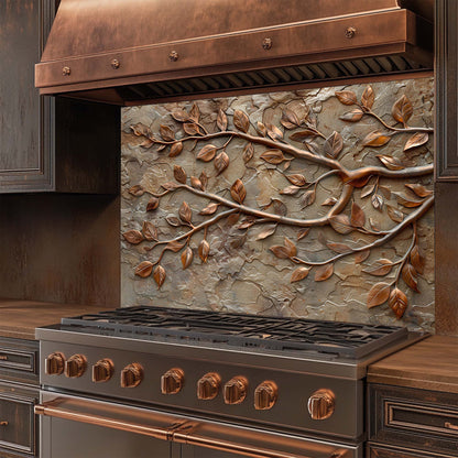 Stainless steel stove with copper accents and decorative glass backsplash in a kitchen setting