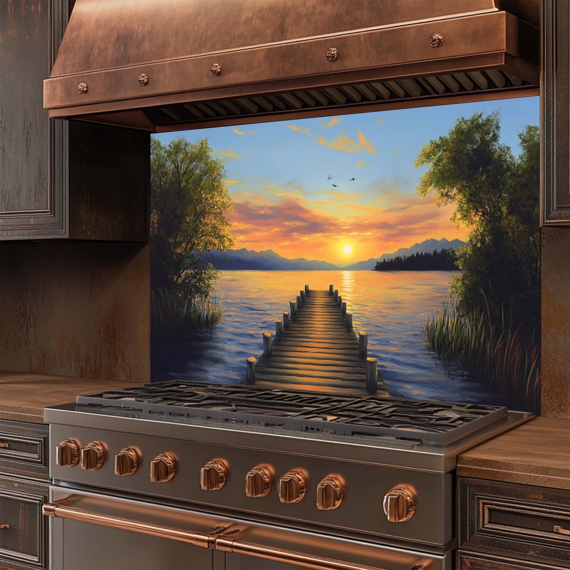 Stainless steel stove with a decorative glass backsplash of a sunset over a lake