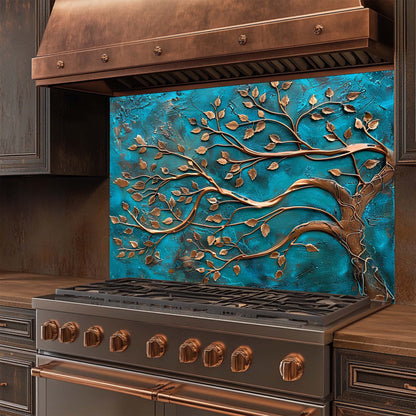 Stainless steel stove with decorative blue and bronze tree glass backsplash