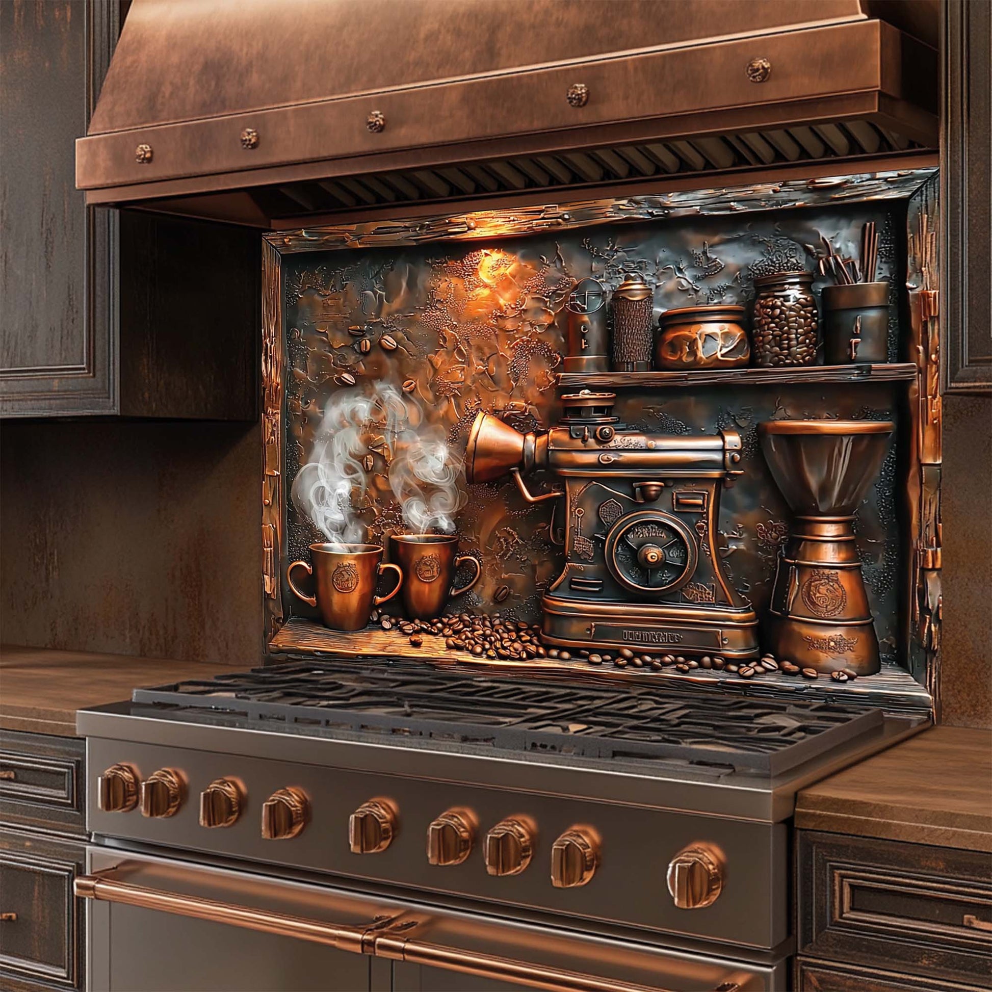 Copper coffee machine and steaming mugs – tempered glass backsplash for kitchen and stove wall.