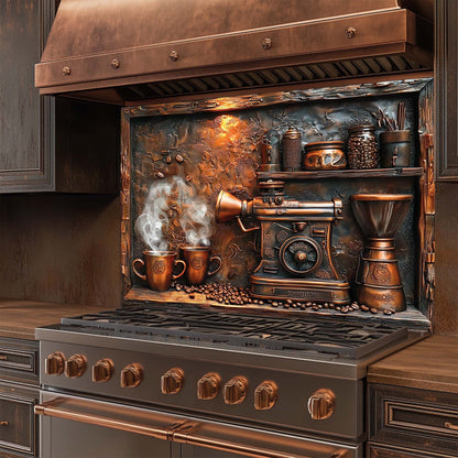 Copper coffee machine and steaming mugs – tempered glass backsplash for kitchen and stove wall.