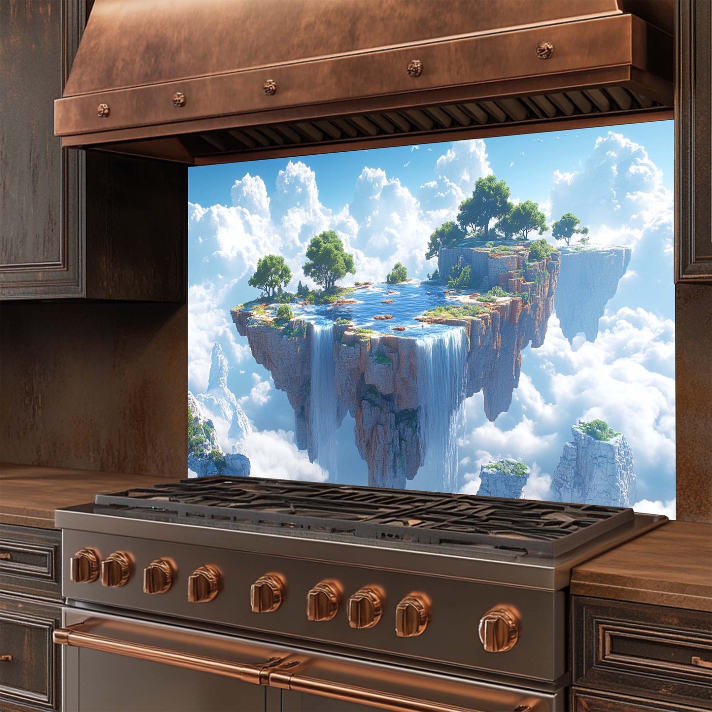 Stainless steel stove with a decorative glass backsplash featuring a floating island scene.