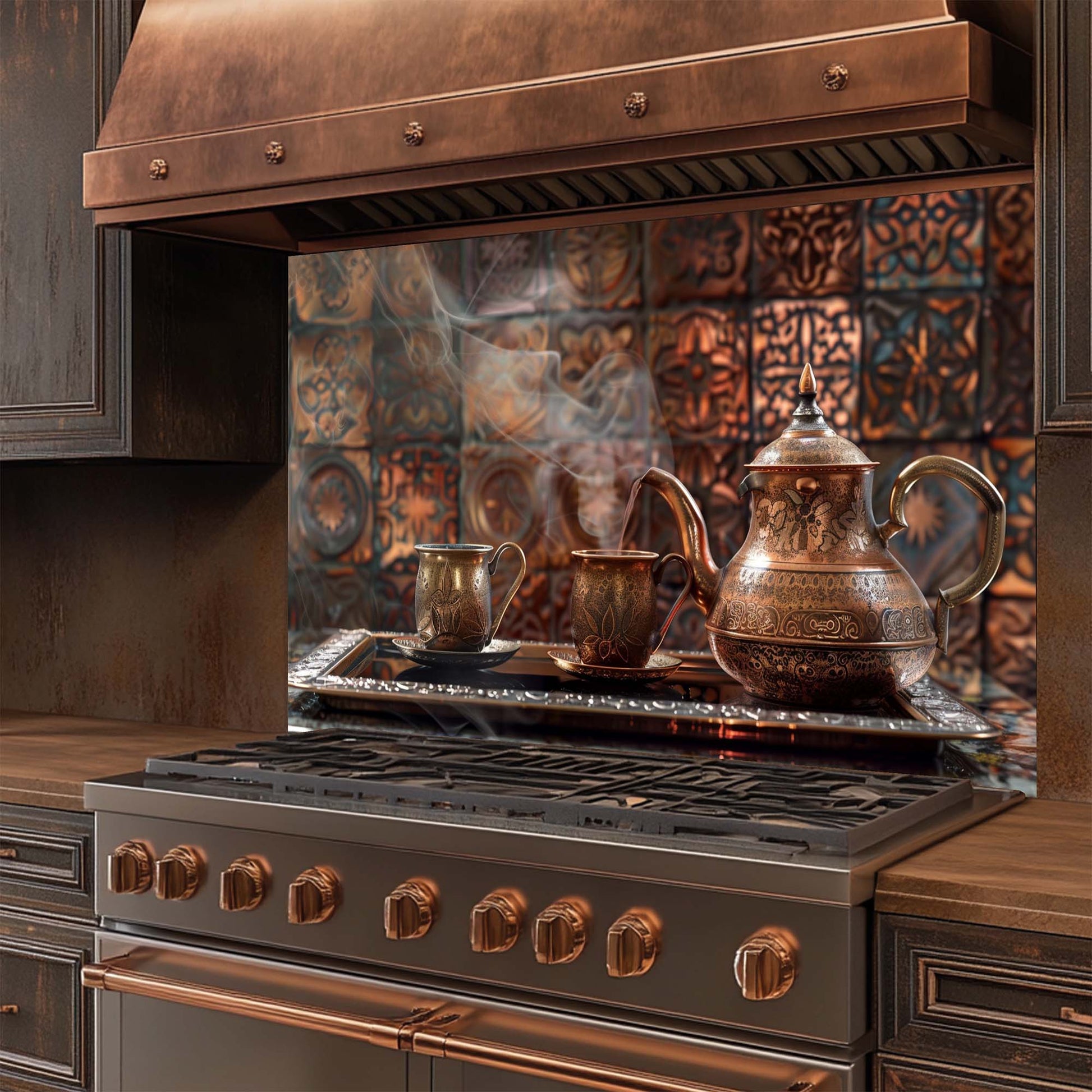 Stainless steel stove with copper accents and decorative glass backsplash