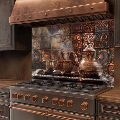 Stainless steel stove with copper accents and decorative glass backsplash