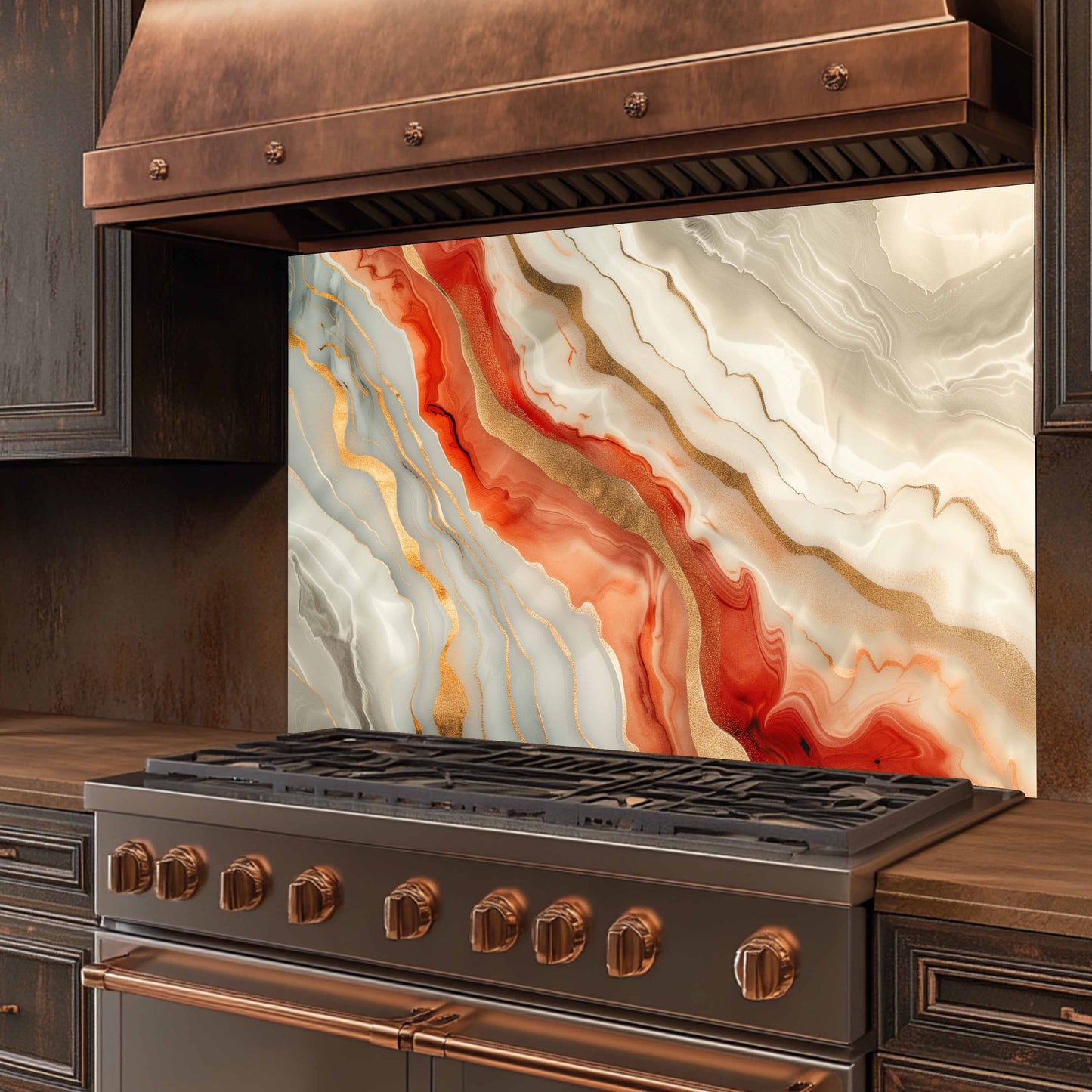 Stainless steel stove with copper accents in a kitchen setting, featuring a decorative backsplash.