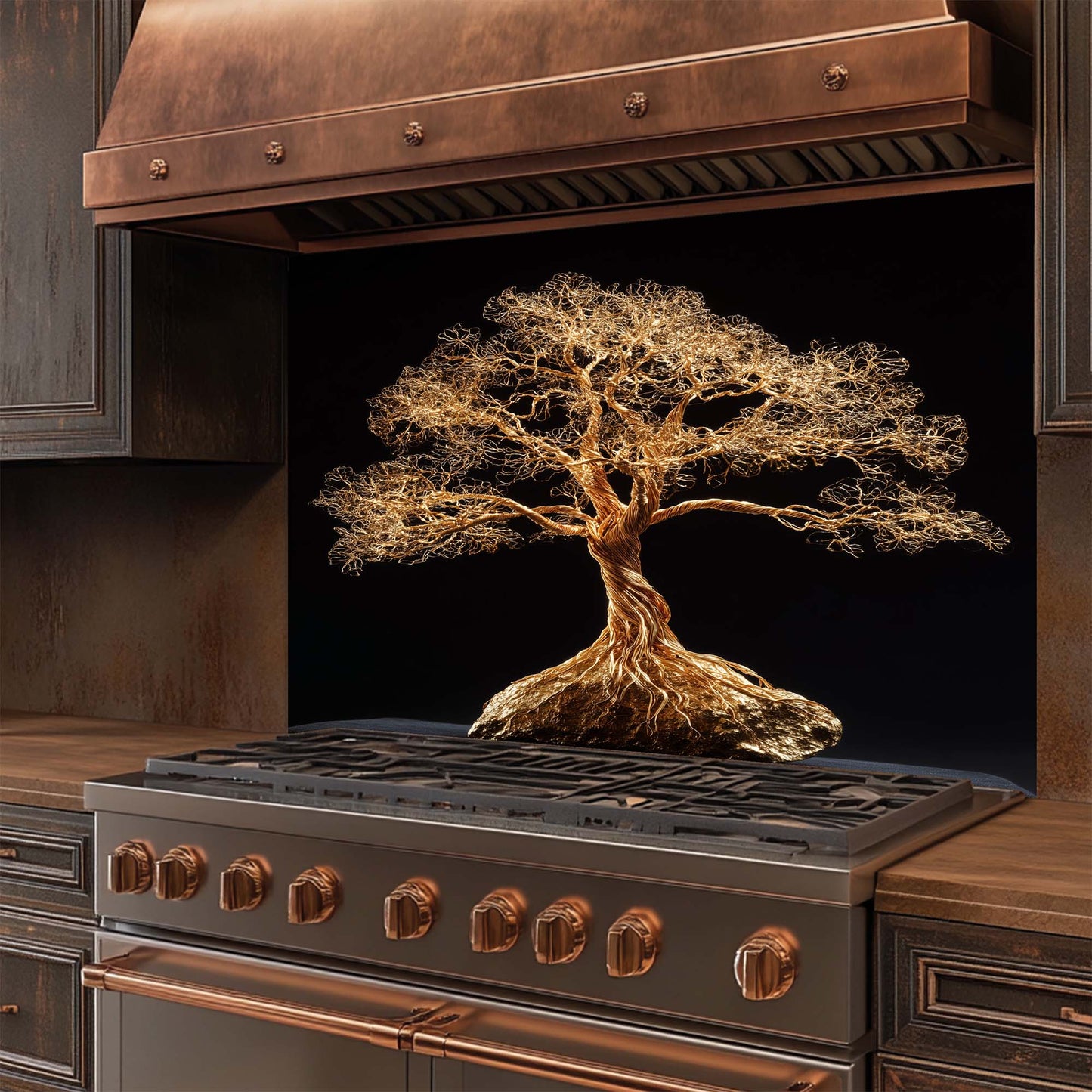 Striking gold wire tree design glass backsplash. Glossy tempered glass, heat-resistant, custom size available.