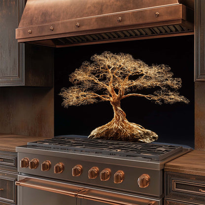 Striking gold wire tree design glass backsplash. Glossy tempered glass, heat-resistant, custom size available.