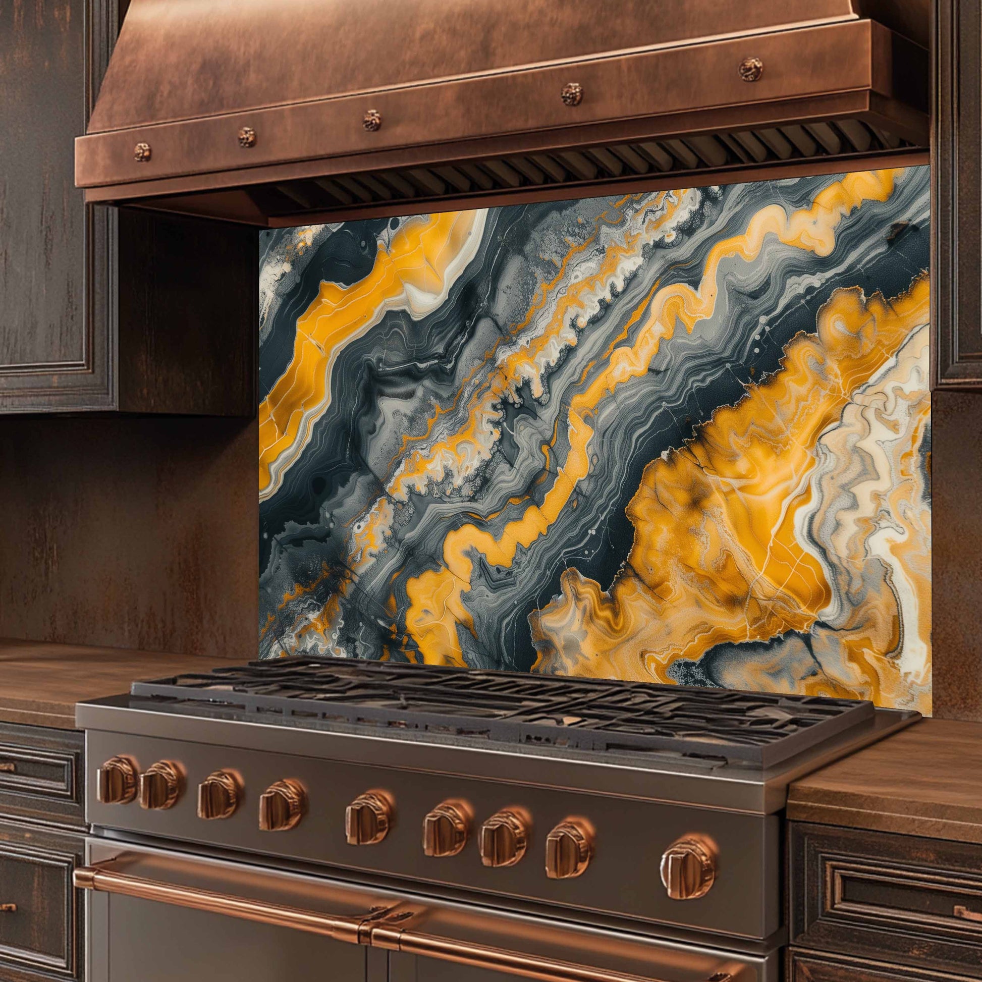 Stainless steel stove with copper accents and a decorative backsplash in a kitchen setting.