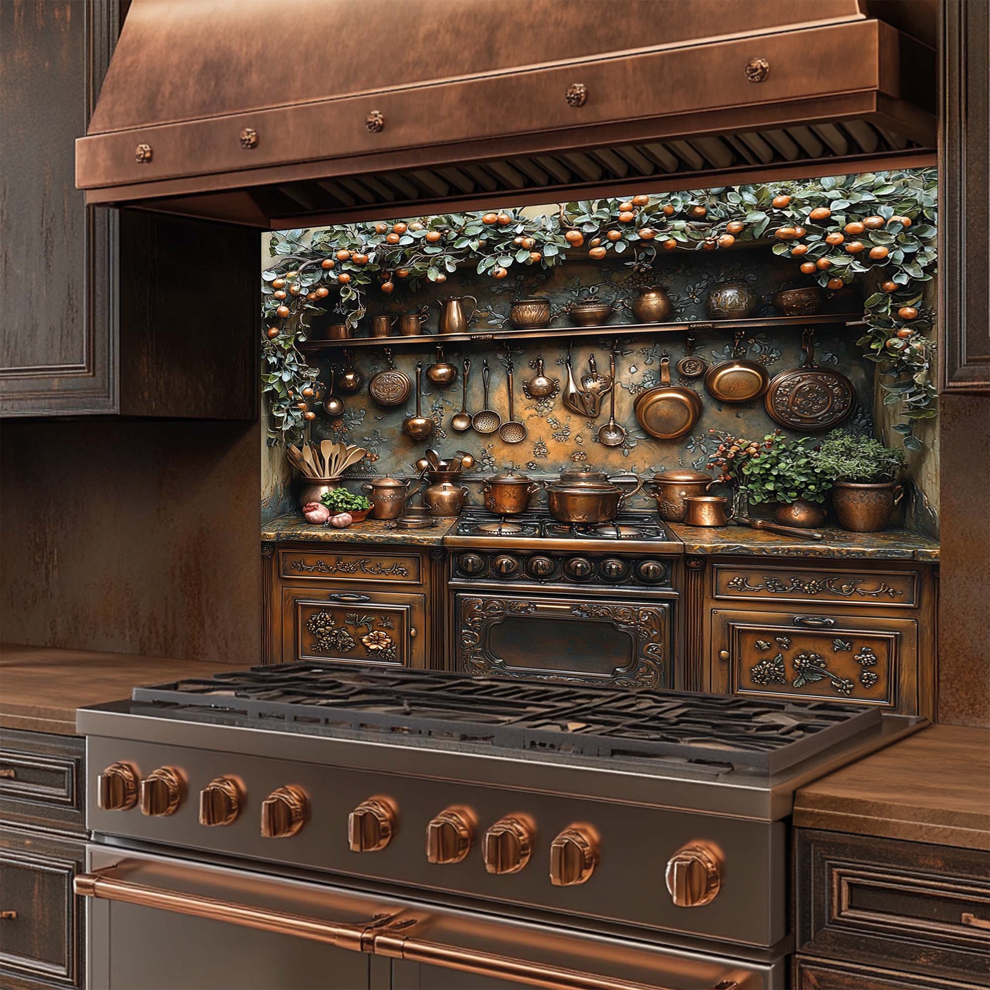 Tempered glass backsplash with copper kitchen cookware, herbs, and orange garland – rustic stove panel design