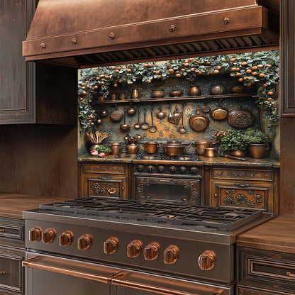 Tempered glass backsplash with copper kitchen cookware, herbs, and orange garland – rustic stove panel design