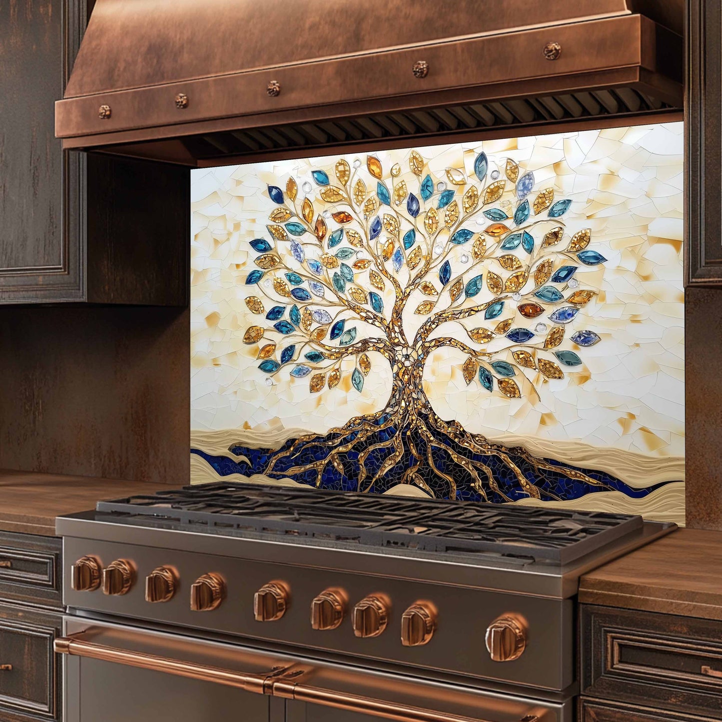 Stainless steel stove with decorative mosaic backsplash featuring a tree design in a kitchen setting.
