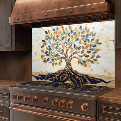 Stainless steel stove with decorative mosaic backsplash featuring a tree design in a kitchen setting.