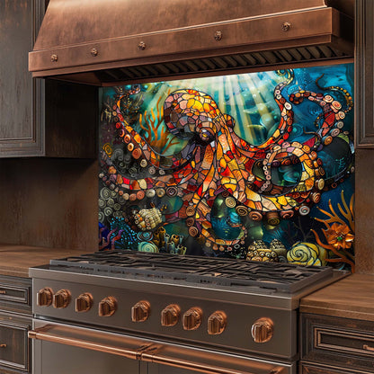 Stainless steel stove with a decorative glass backsplash featuring an octopus design.