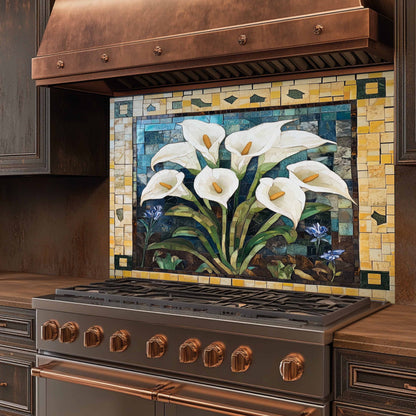 Stainless steel stove with a decorative mosaic splashback featuring white lilies on a kitchen wall.