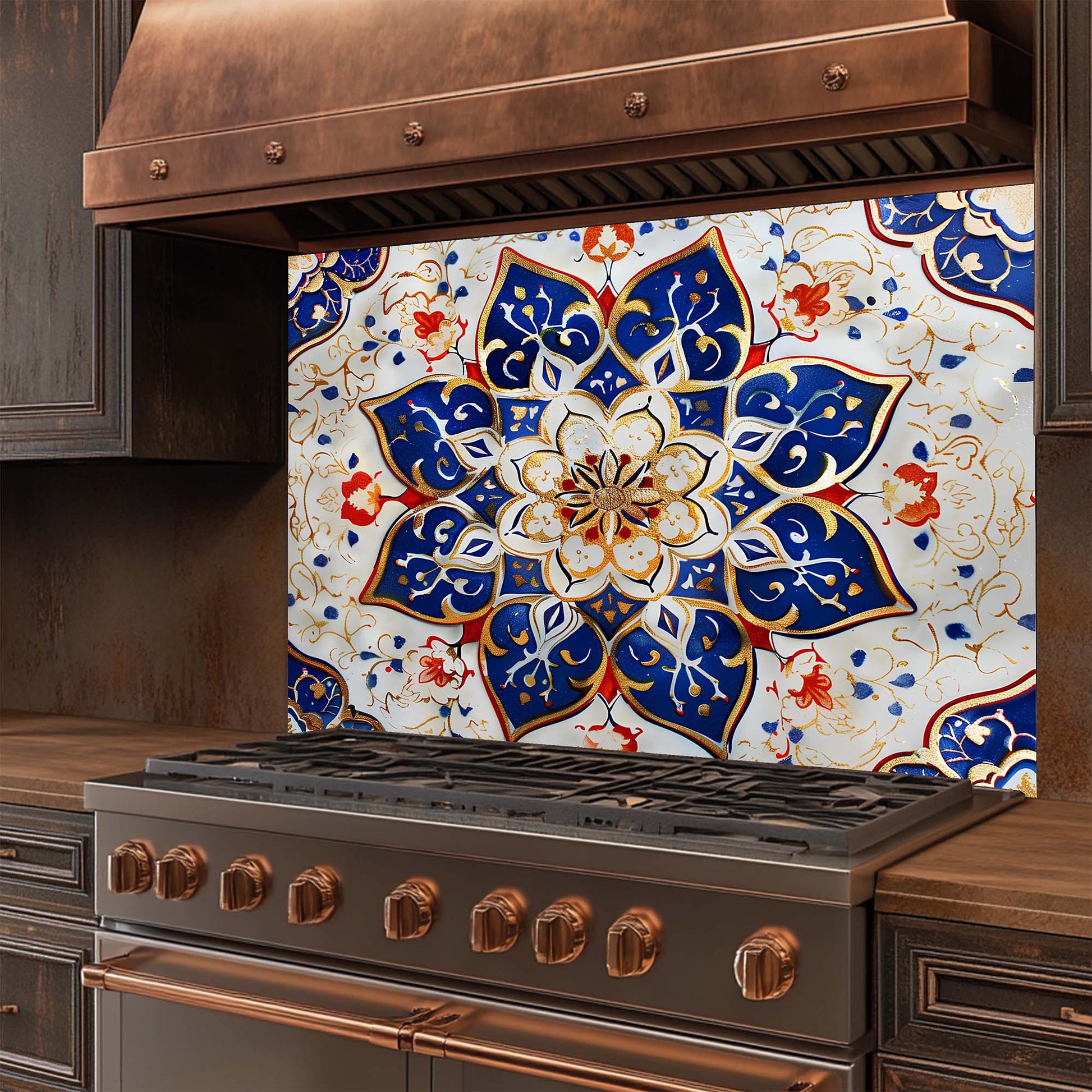 Stainless steel stove with decorative glass backsplash featuring a floral pattern.