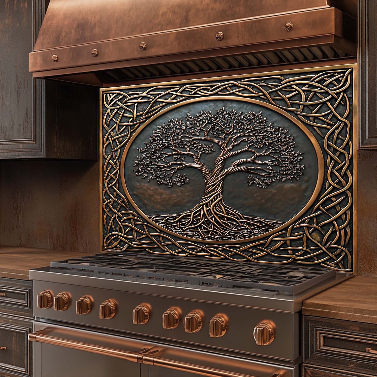 Decorative glass backsplash with tree emblem and intricate design on a kitchen wall.