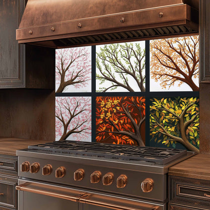 Stainless steel stove with copper accents and a decorative backsplash of trees.