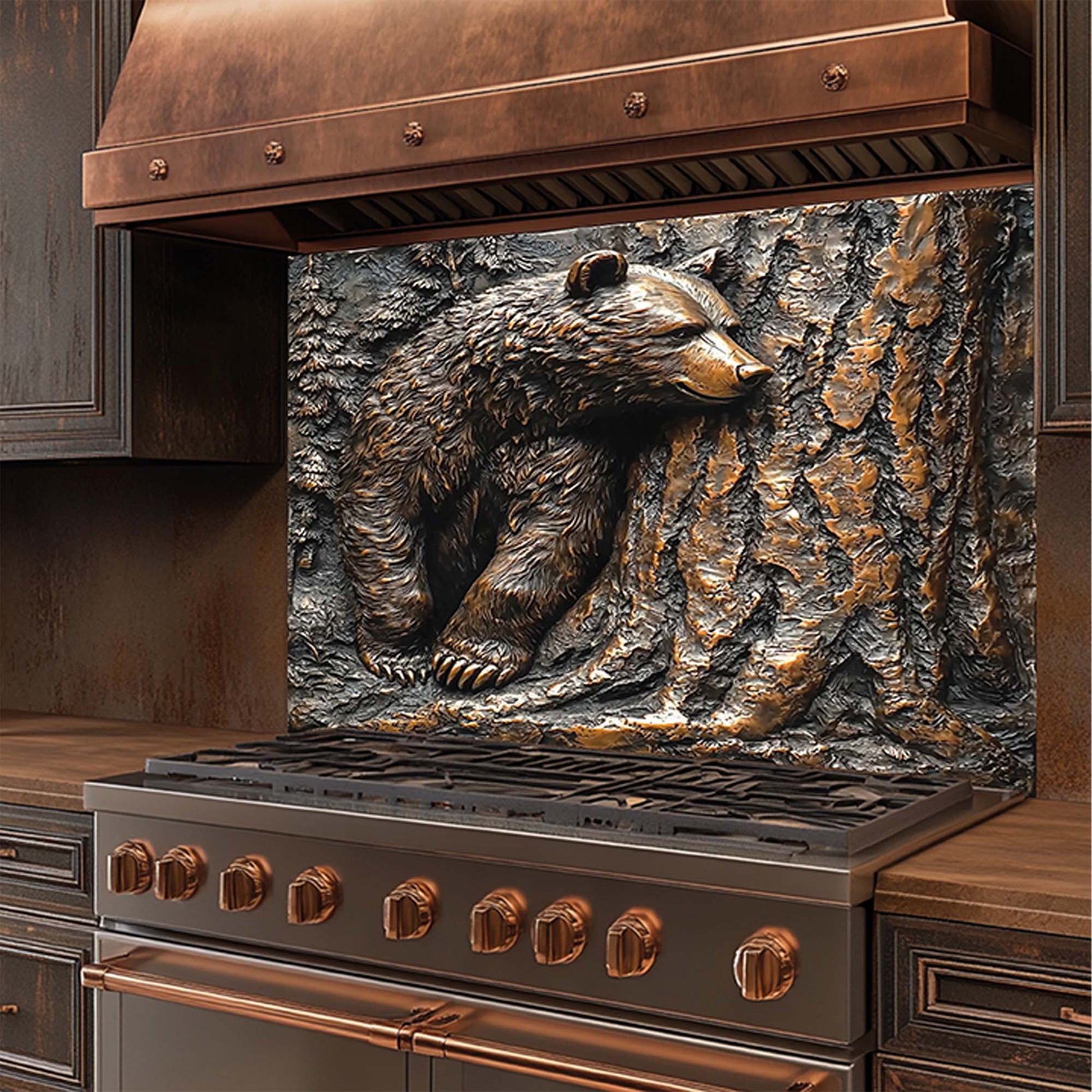 Bear resting by pine tree in copper forest-style tempered glass backsplash – perfect stove backsplash for rustic kitchen.
