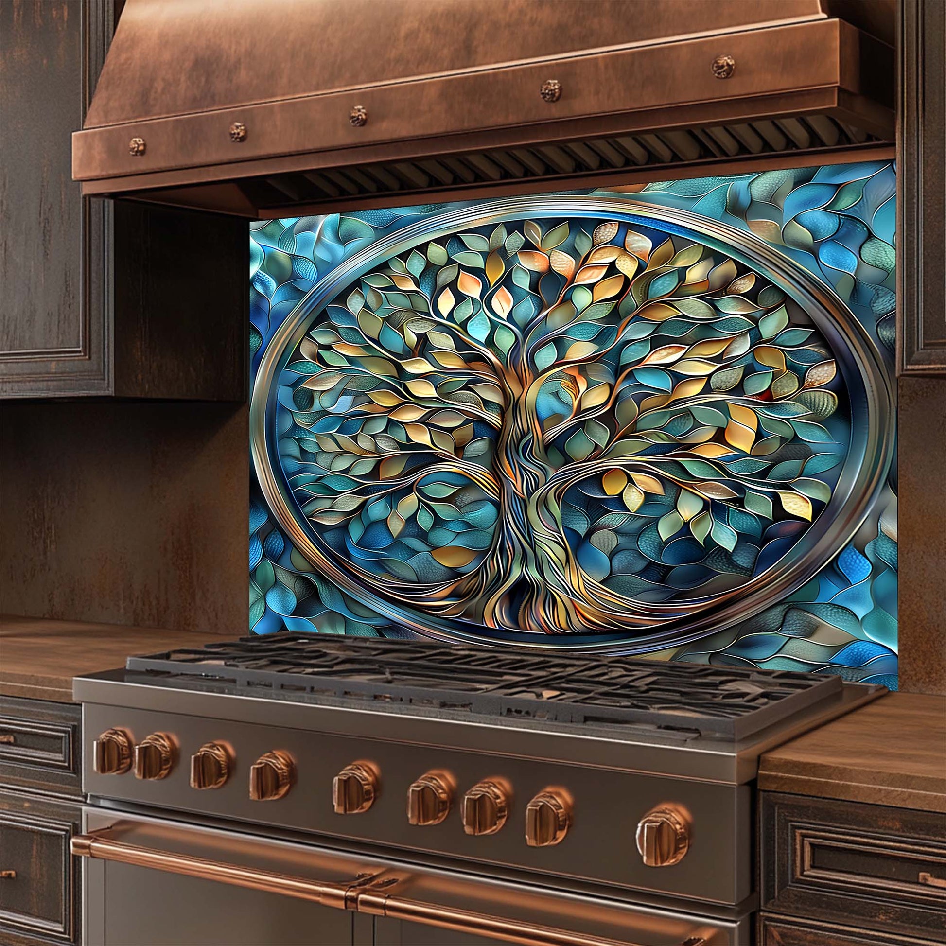 Decorative glass splashback with tree of life design in a kitchen setting