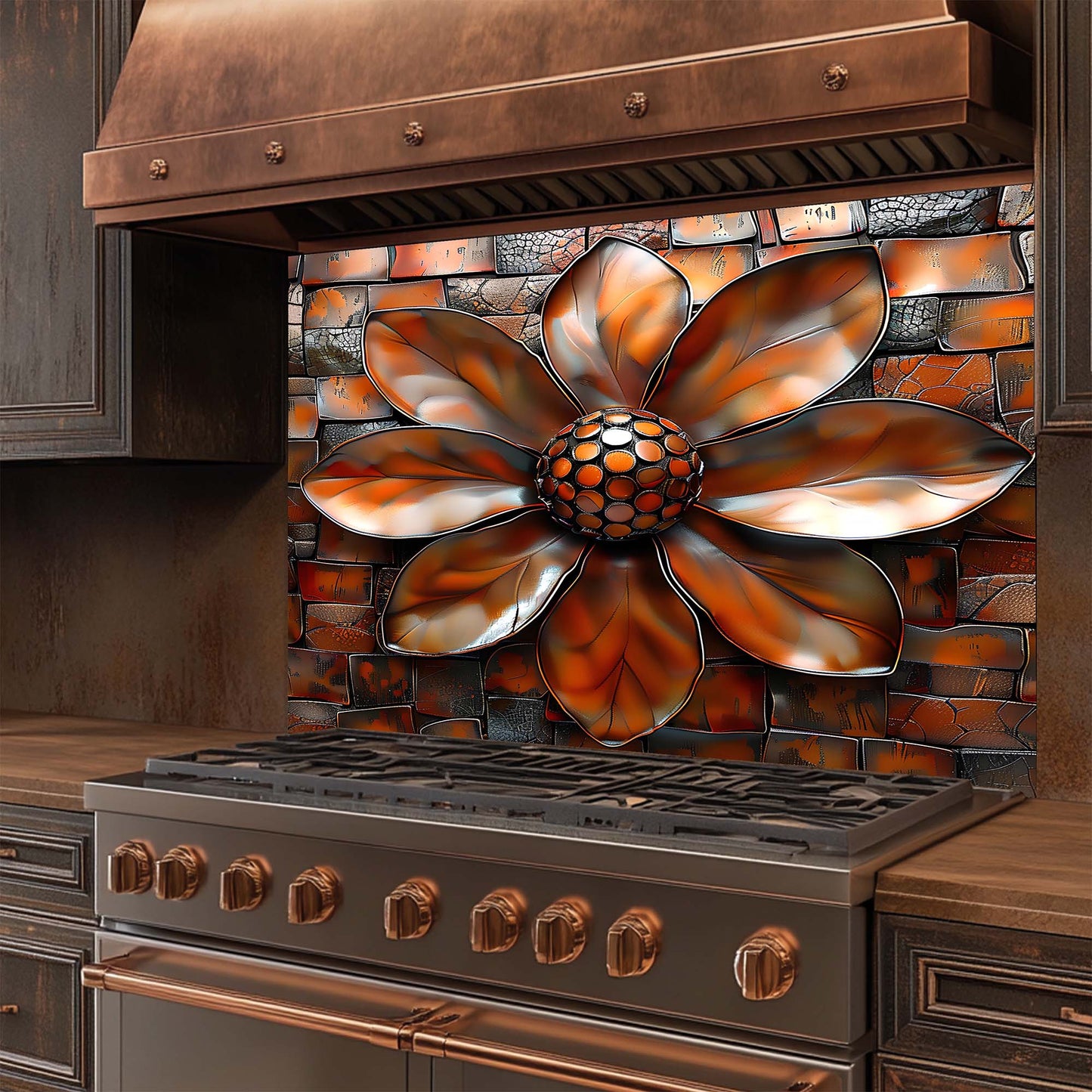 Stainless steel stove with decorative floral glass backsplash in a kitchen setting