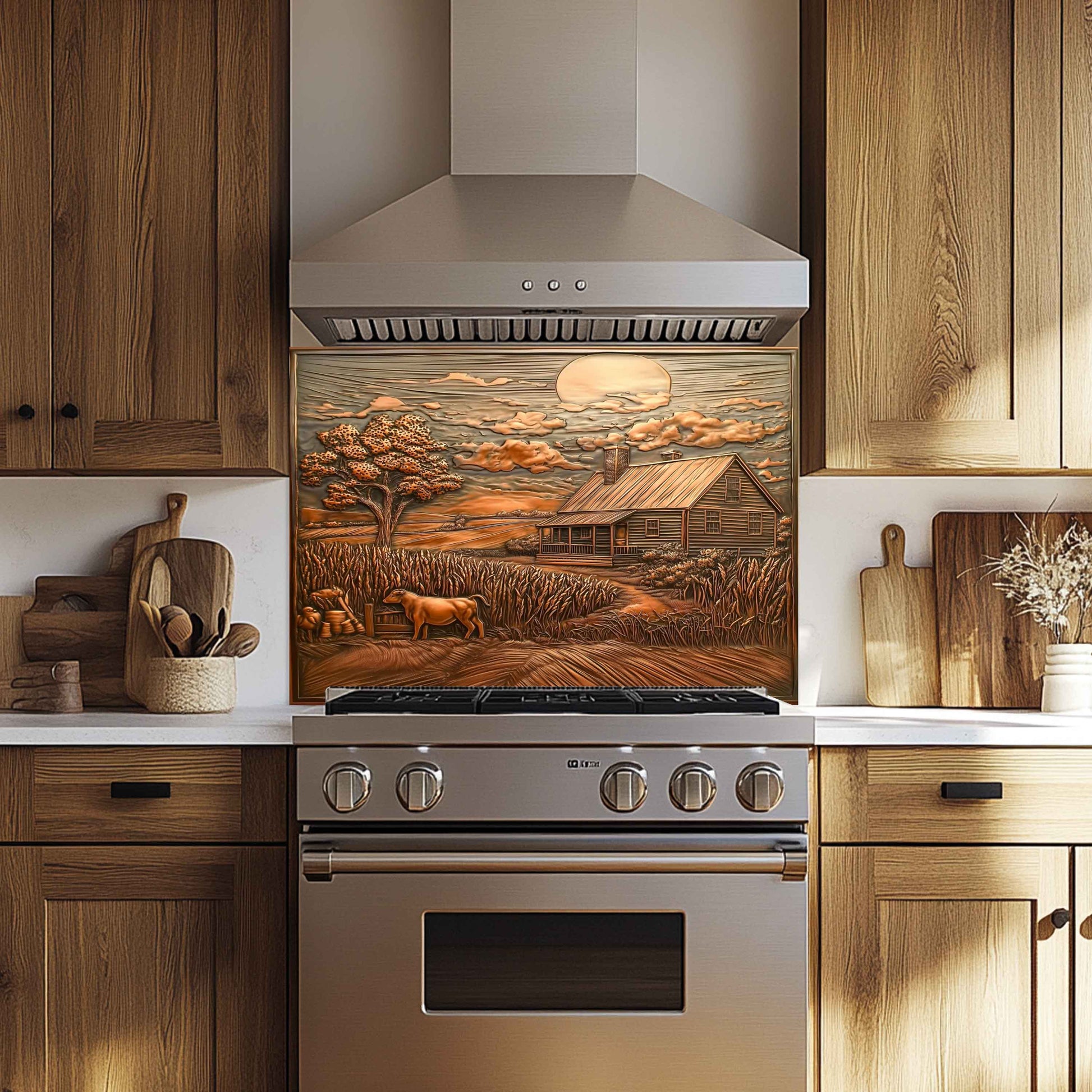 Kitchen with wooden cabinets, stainless steel stove, and decorative backsplash