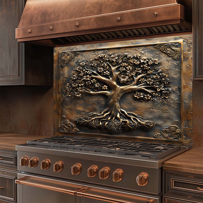 Decorative glass backsplash with a tree design on the front, featuring copper and bronze finishes.
