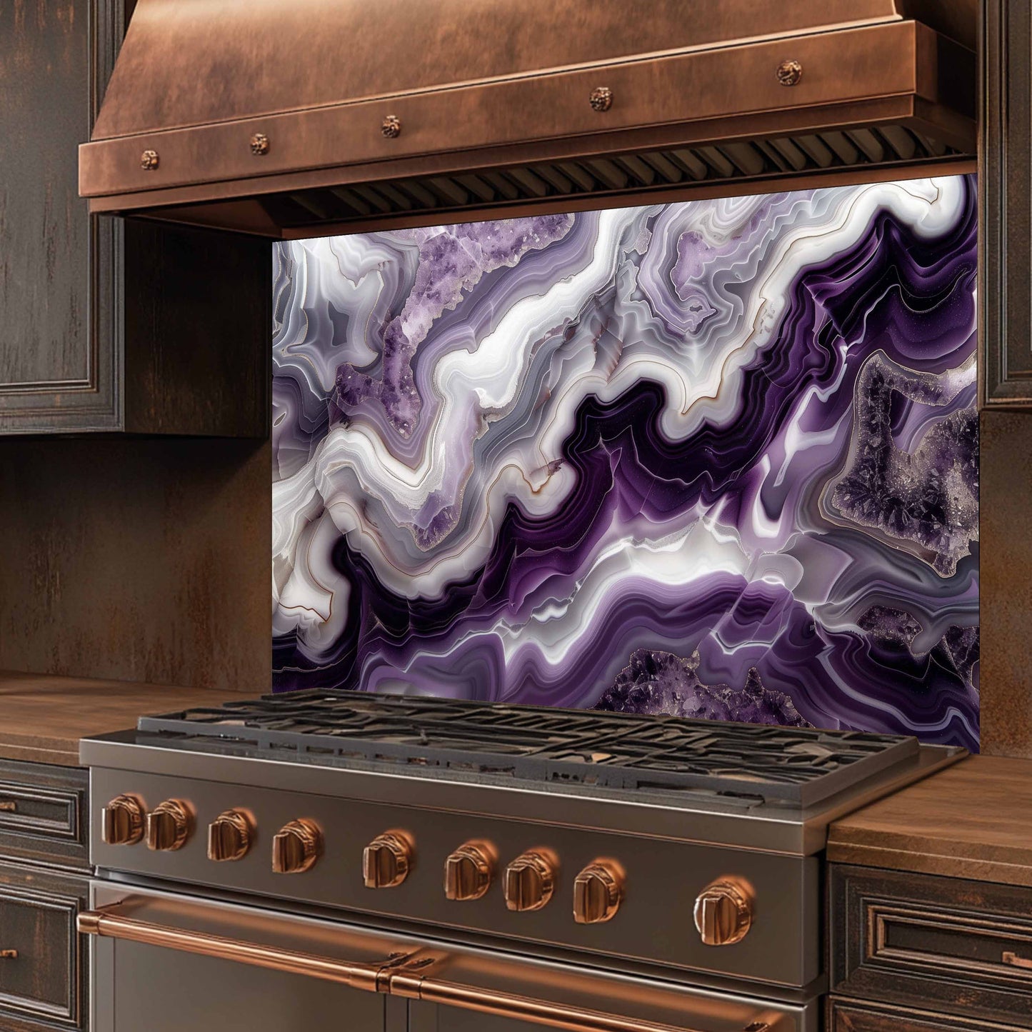 Stainless steel stove with copper accents and a purple agate patterned backsplash.