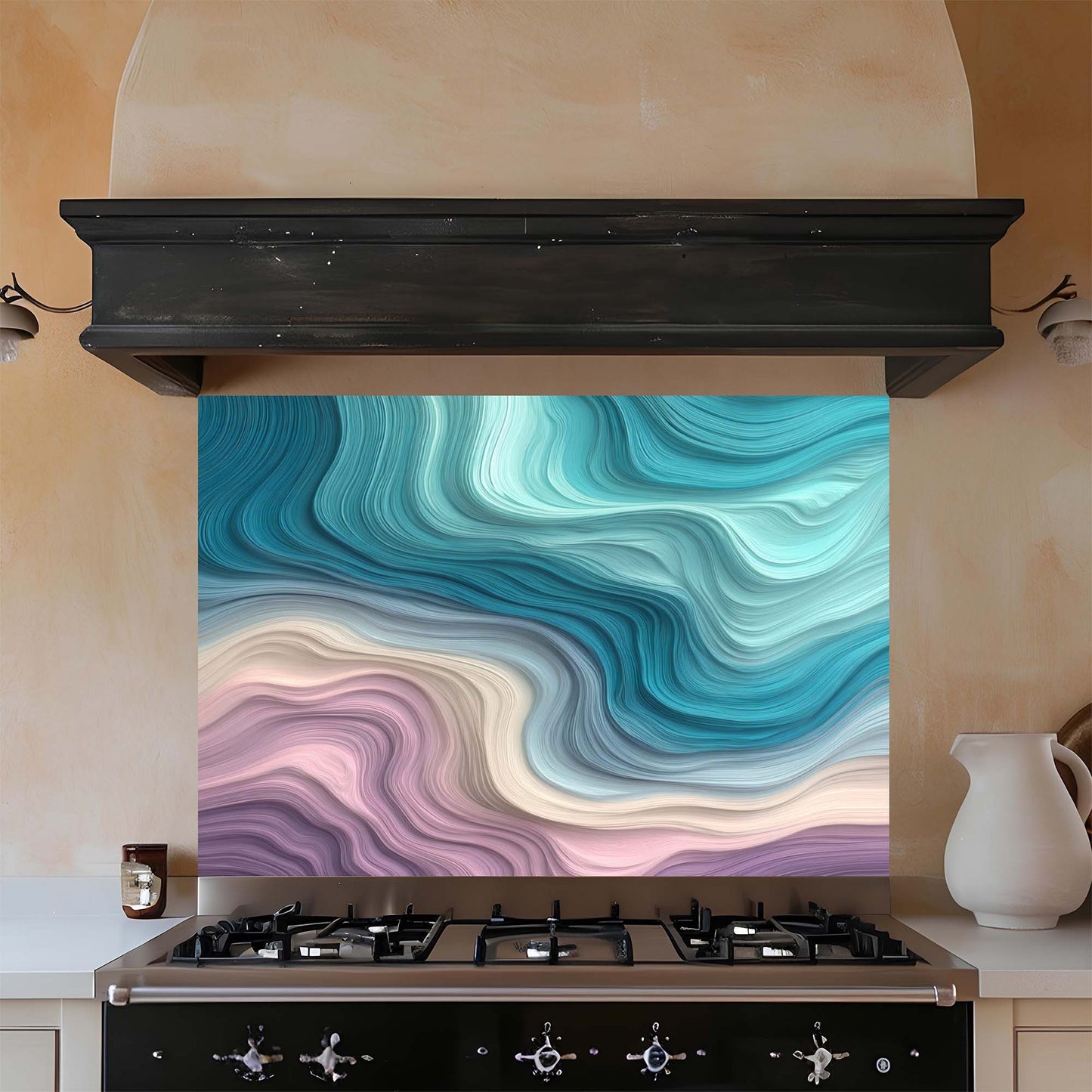 Kitchen with a colorful abstract design glass backsplash above a stove.