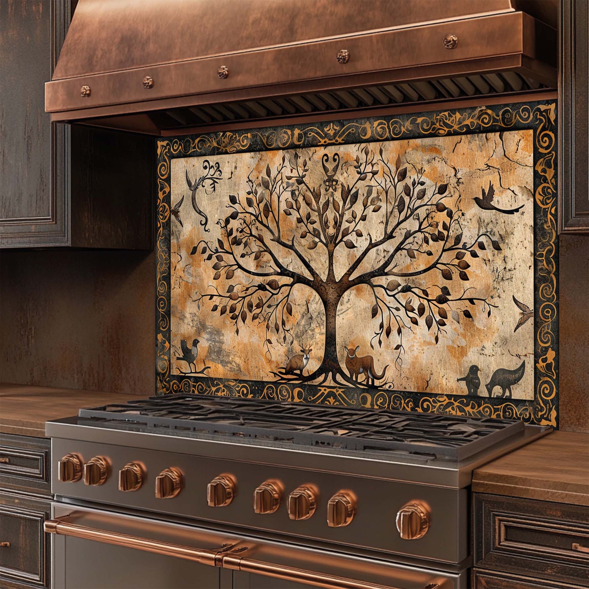 Decorative stove with a tree design on the glass backsplash in a kitchen setting.