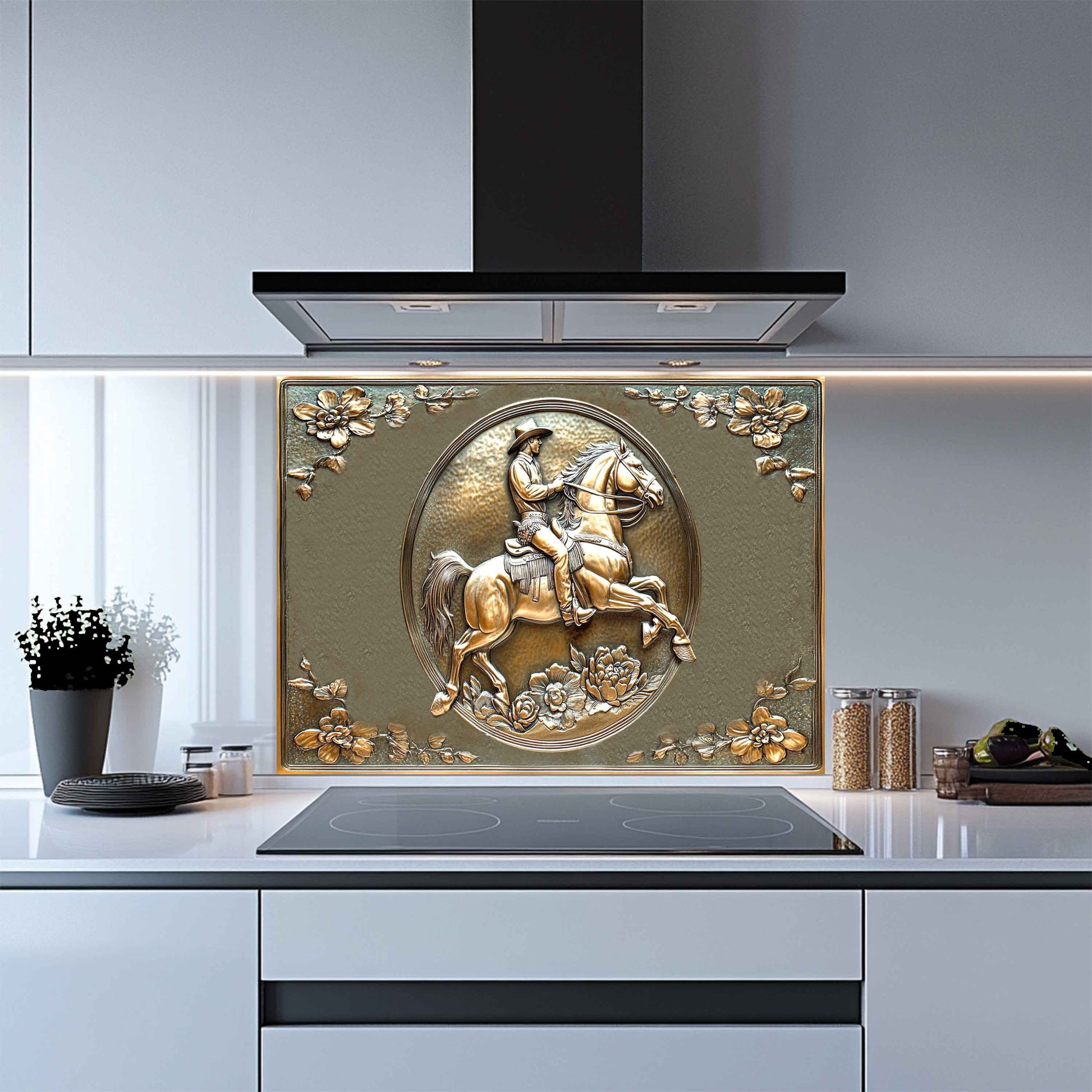 Decorative glass splashback with a horse and rider design in a modern kitchen.