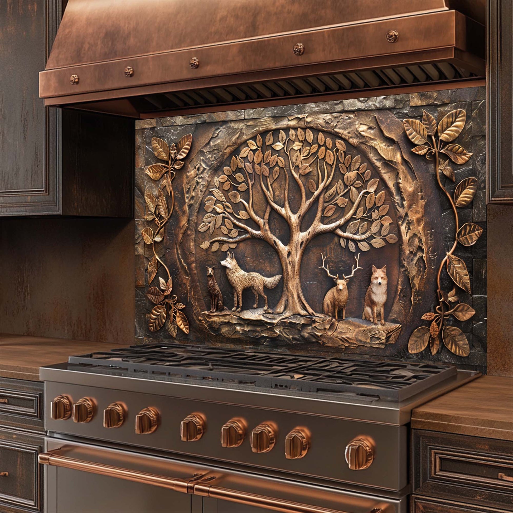 Decorative stove with a tree and animal design on the glass backsplash