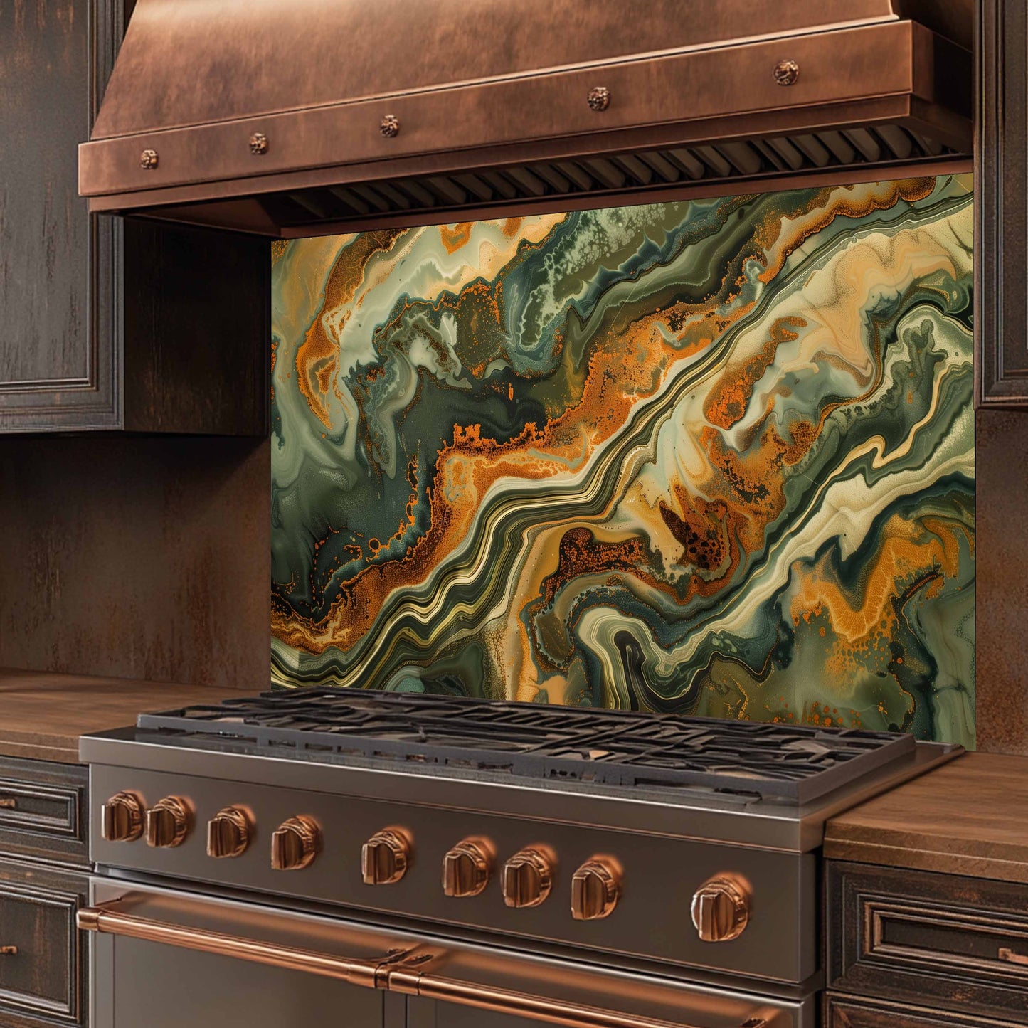 Stainless steel stove with copper accents in a kitchen setting with a decorative backsplash.
