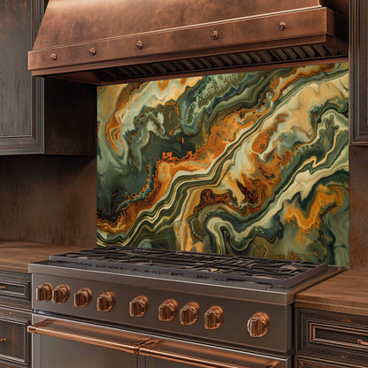 Stainless steel stove with copper accents in a kitchen setting with a decorative backsplash.