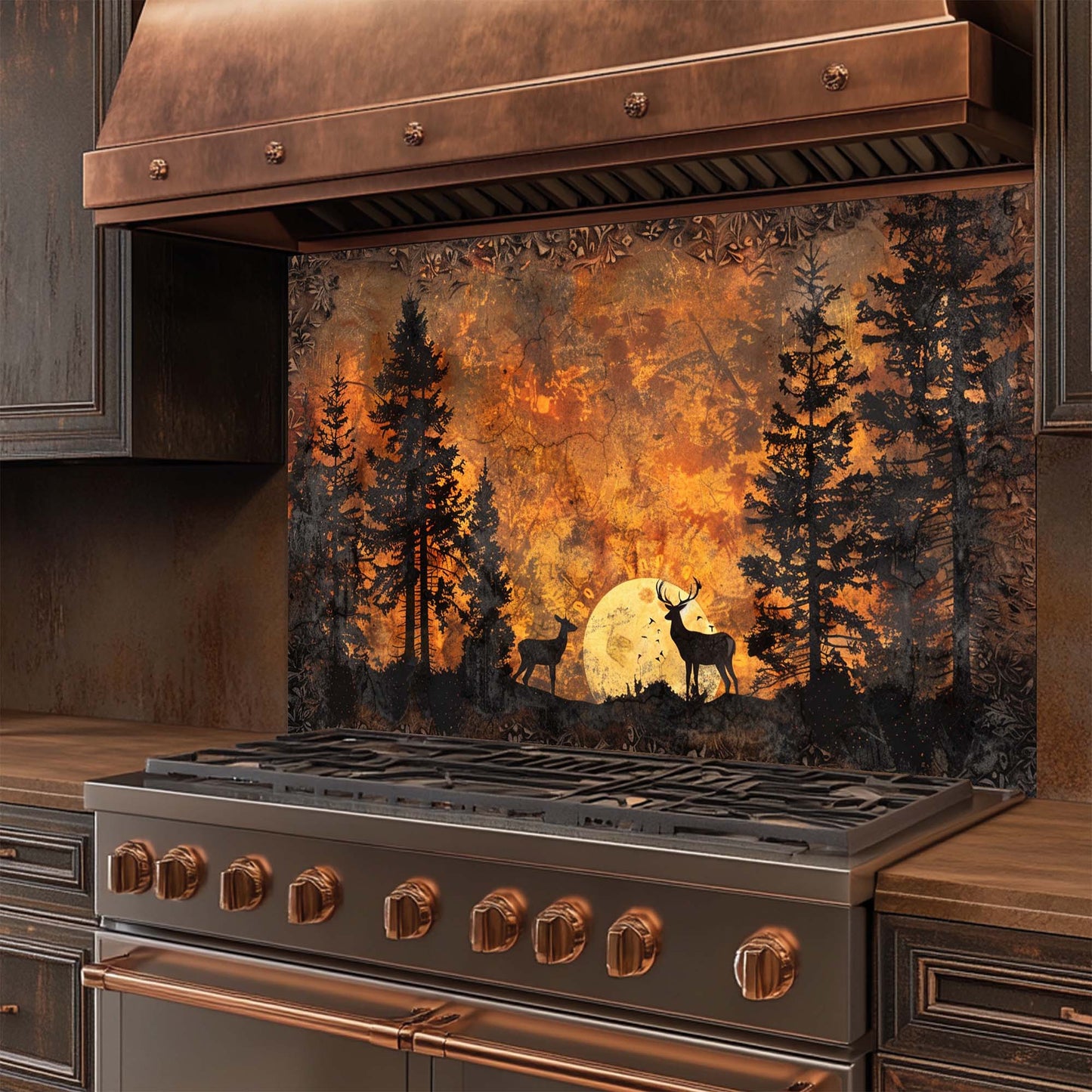 Stainless steel stove with decorative glass backsplash featuring a forest scene with deer.