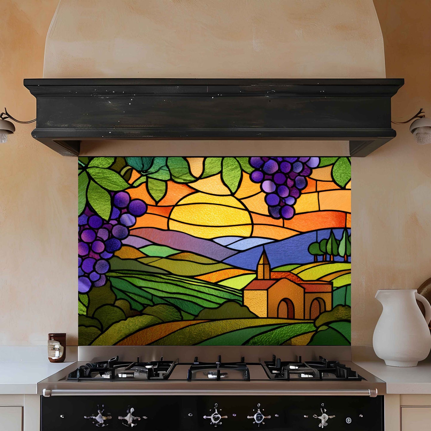 Colorful stained glass-style backsplash with a landscape design above a stove.
