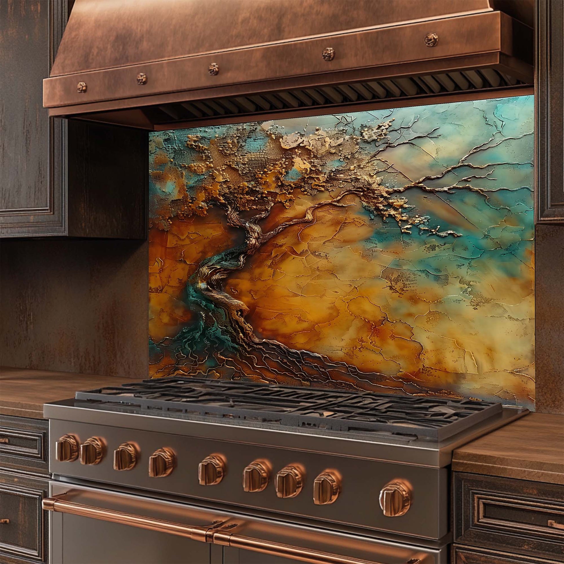 Stainless steel stove with copper accents and a decorative glass backsplash in a kitchen setting.