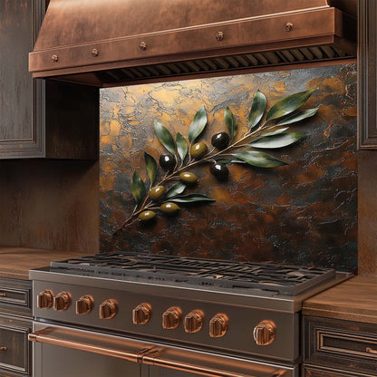 Stainless steel stove with copper accents and decorative olive branch glass backsplash
