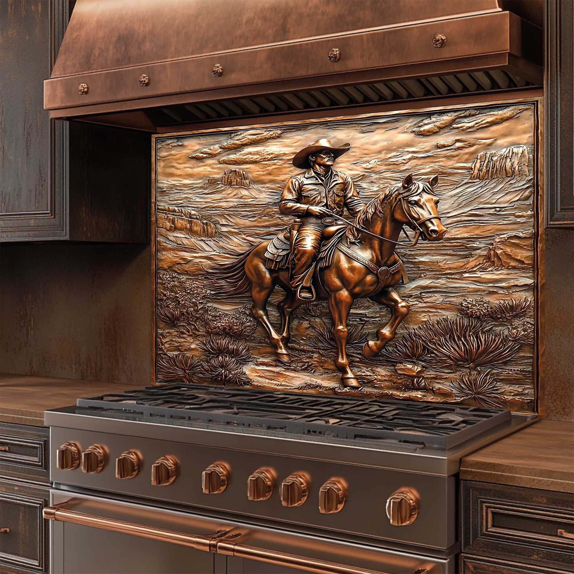 Copper-toned tempered glass backsplash with cowboy riding horse in desert canyon landscape