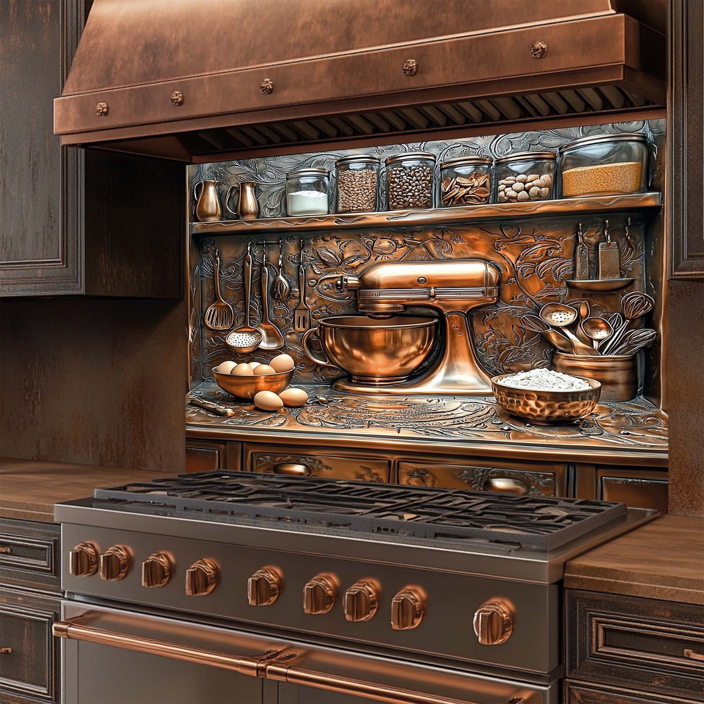 Stylish kitchen with copper appliances and decorative glass backsplash