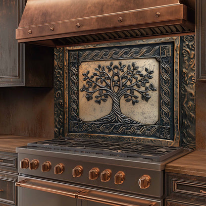 Decorative stove with a tree design on the front panel in a kitchen setting.
