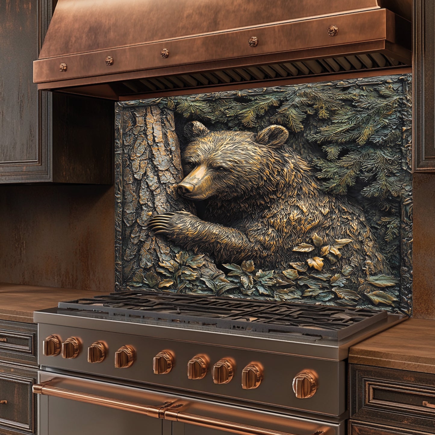 Tempered glass backsplash with a bear design on a kitchen stove