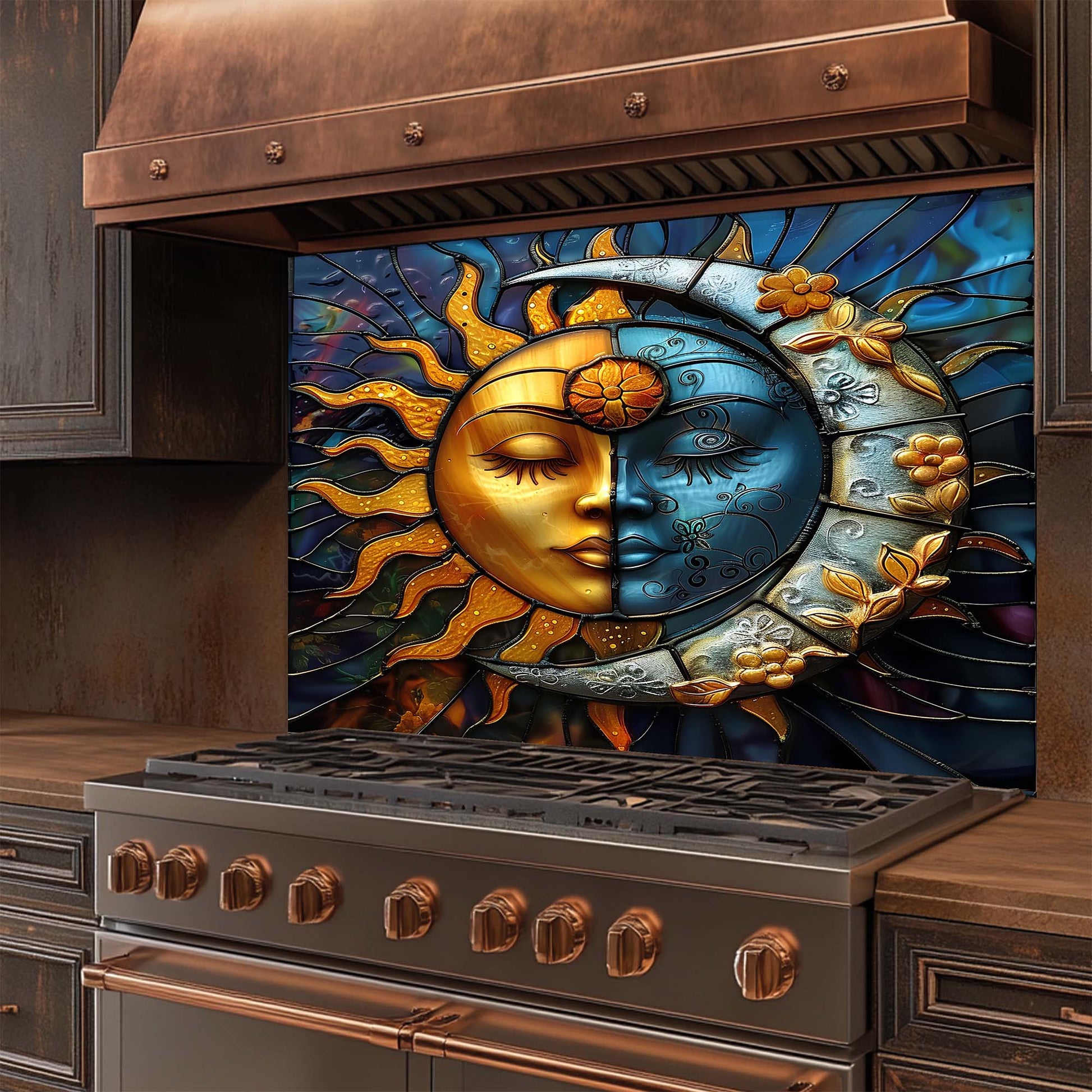 Decorative glass backsplash with sun and moon design on a kitchen stove.