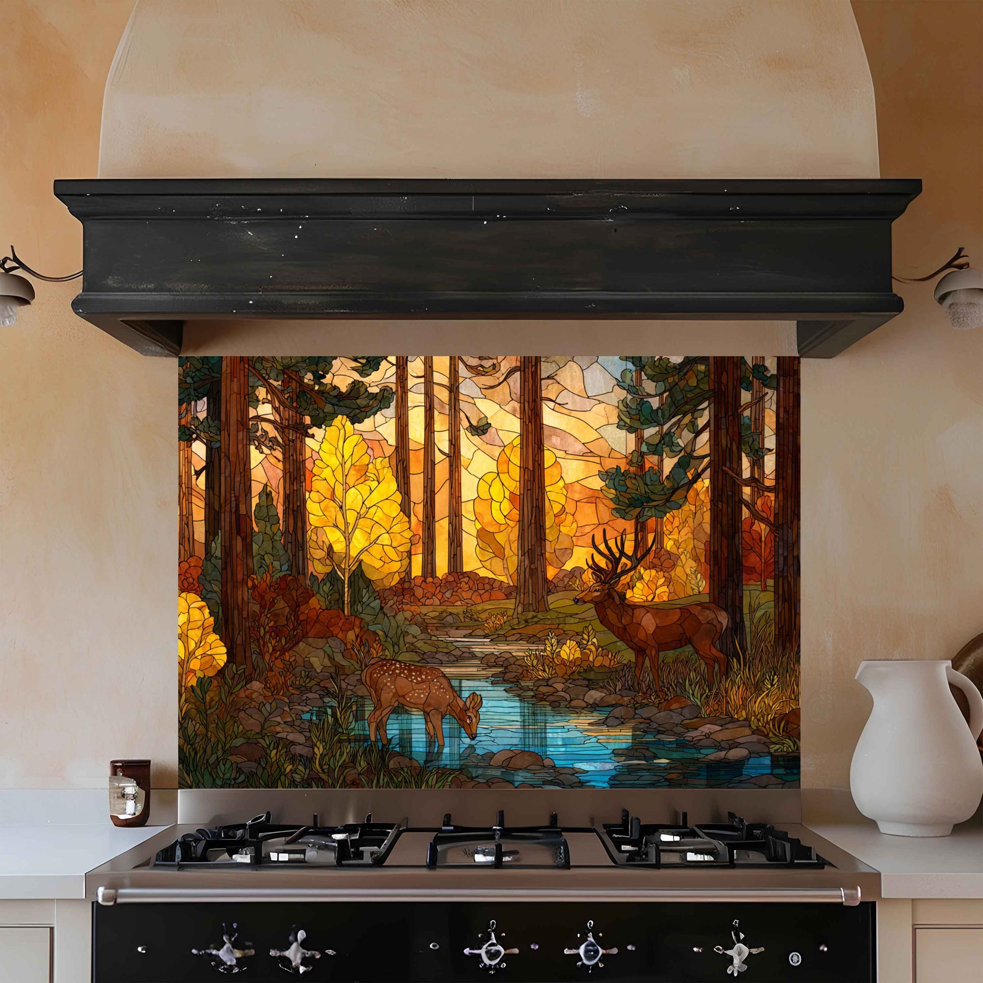 Stained glass design of a forest scene above a stove in a kitchen.