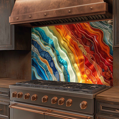 Stainless steel stove with a colorful abstract design on the backsplash
