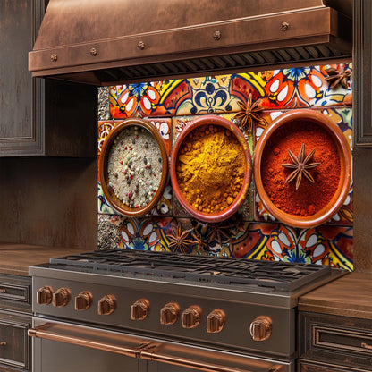 Stove with decorative glass backsplash featuring spices and a colorful pattern