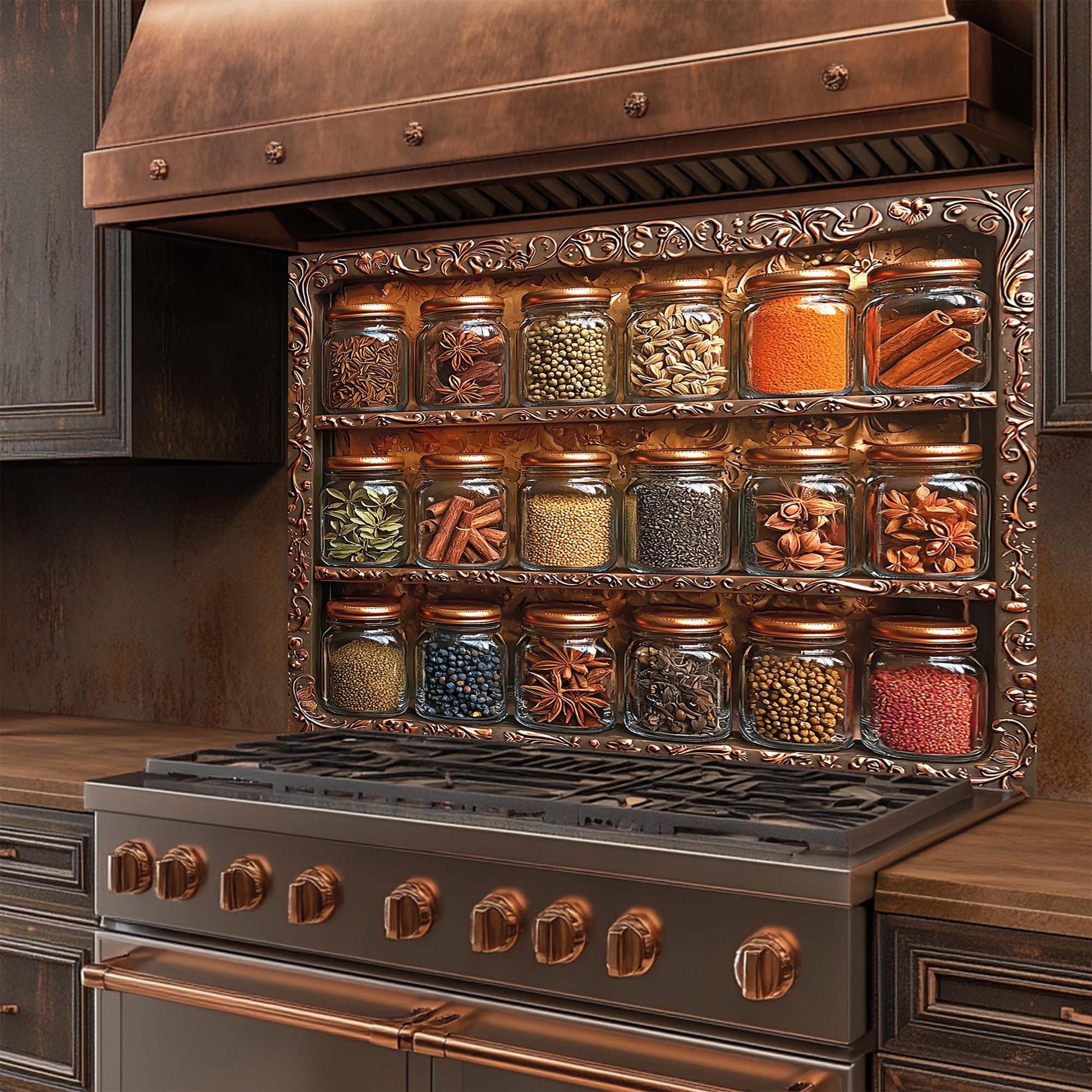 Decorative spice rack design glass backsplash on a stove with various jars of spices.