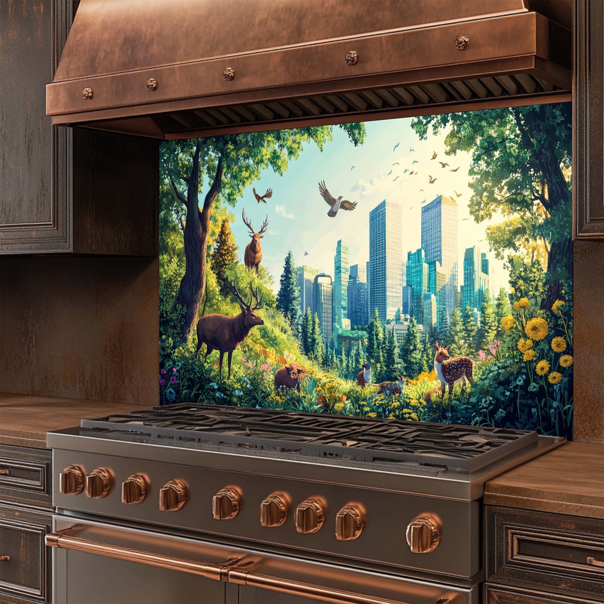 Modern kitchen with a decorative glass backsplash featuring a blend of nature and cityscape.