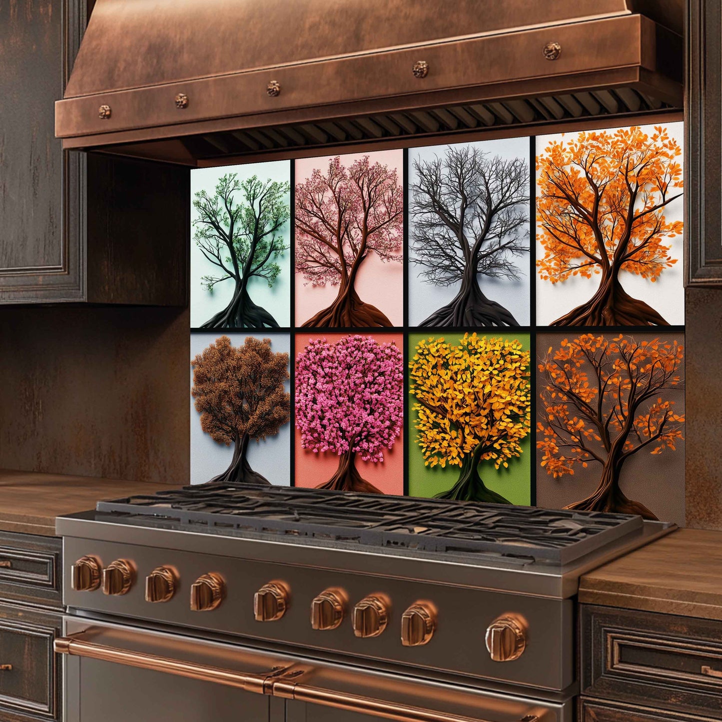 Stainless steel stove with copper accents and decorative glass splashback featuring trees in different seasons.