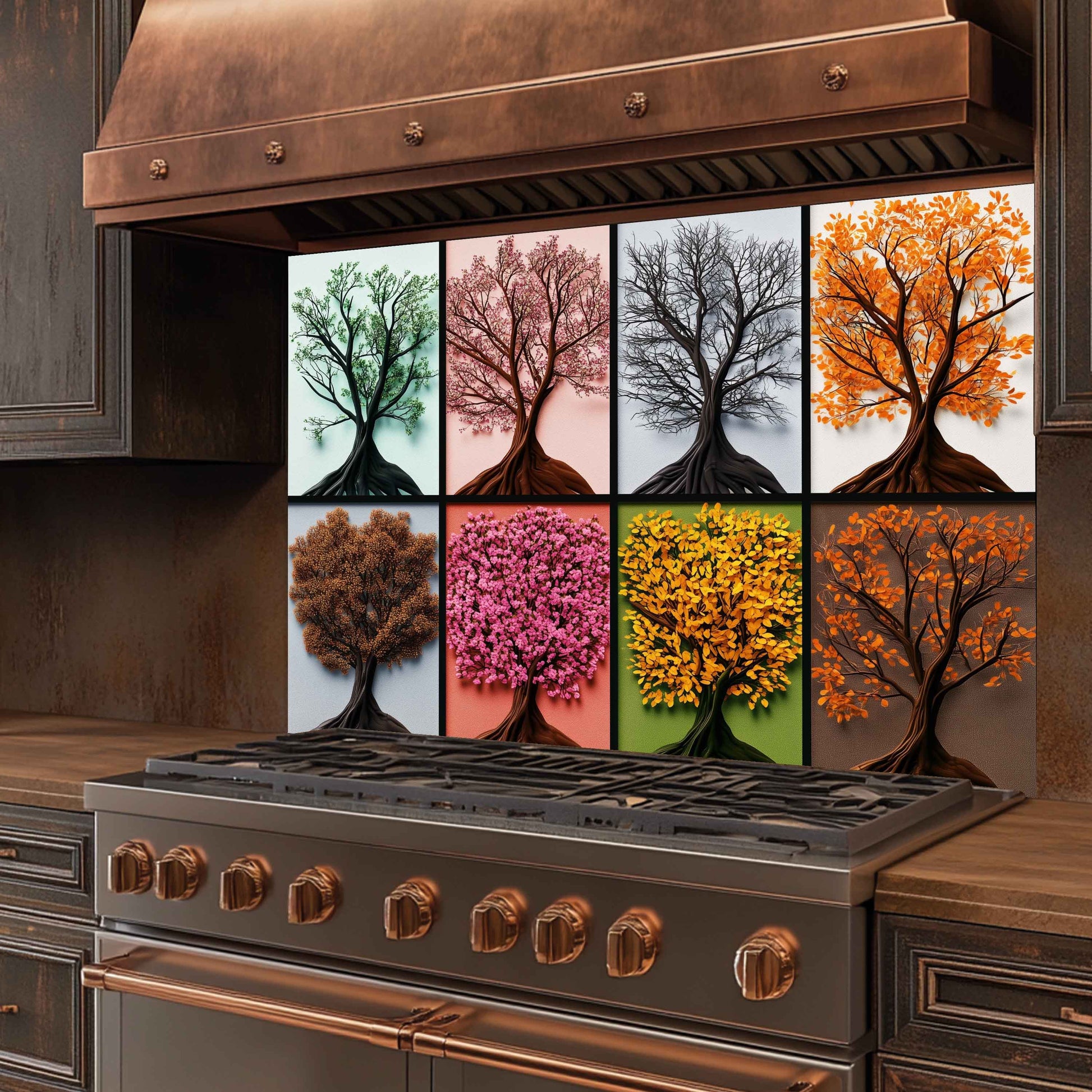 Stainless steel stove with copper accents and decorative glass splashback featuring trees in different seasons.